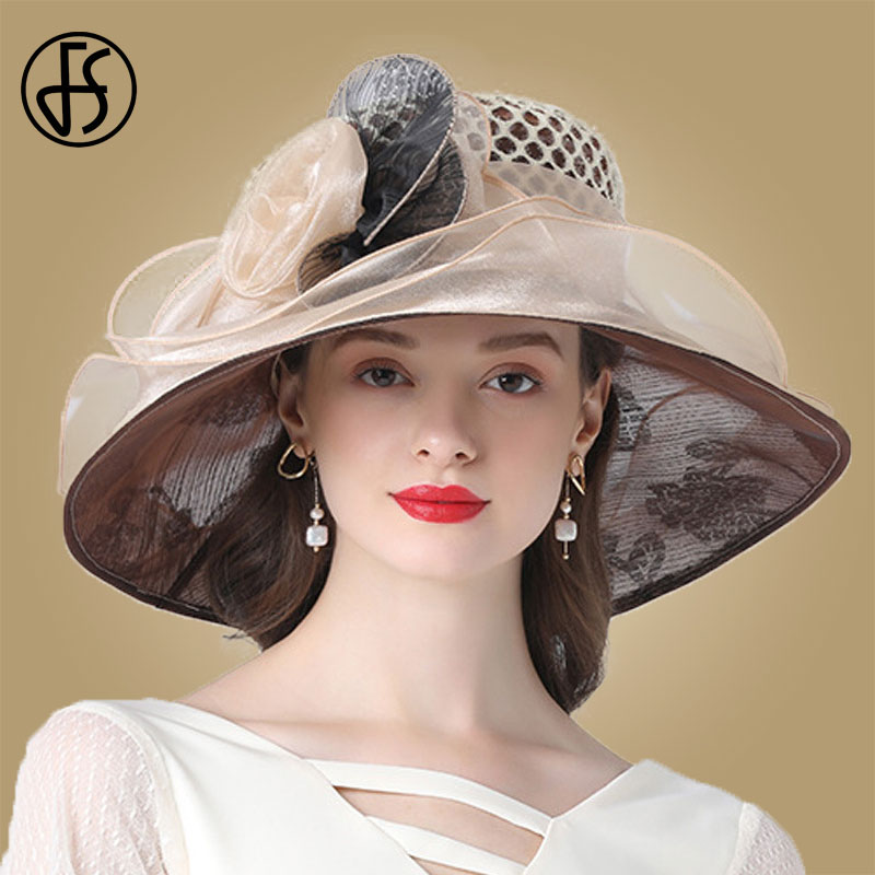 FS Women Black Hats For Summer Wide Brim Sun Hats Big Flowers Kentucky Derby Church Fedora Party Wedding Hat