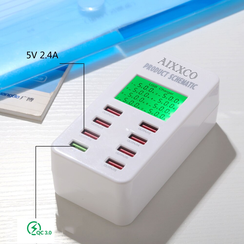 Pantalla de pantalla de carga rápida AIXXCO QC3.0, adaptador de cargador USB inteligente de 8 puertos, cargador de escritorio, cargador de viaje para teléfono móvil QC2.0