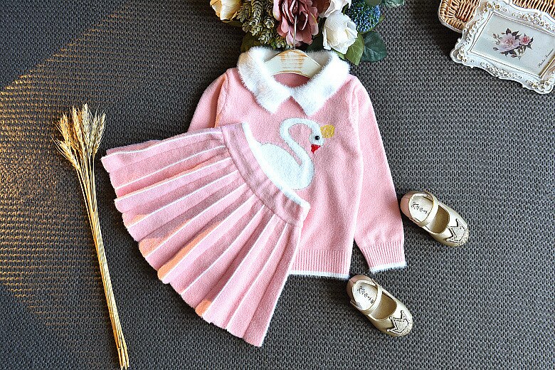 Baby meisje kleding kristal fluwelen cartoon zwaan trui trui tweedelige dikke warme trui rok baby buitenlandse trui set