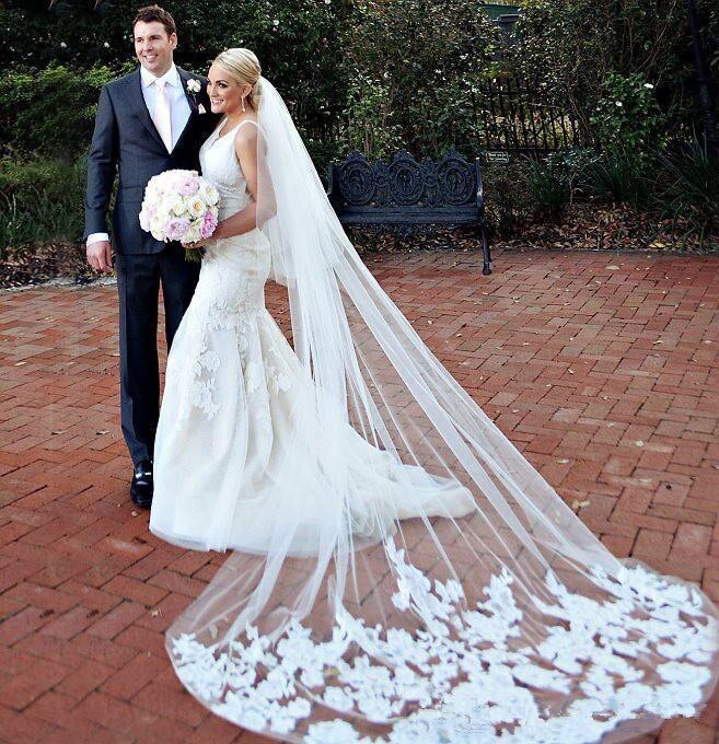 longs voiles pour mariée pas cher mariée cheveux accessoires chapelle longueur Applique Tulle mariage mariée voiles