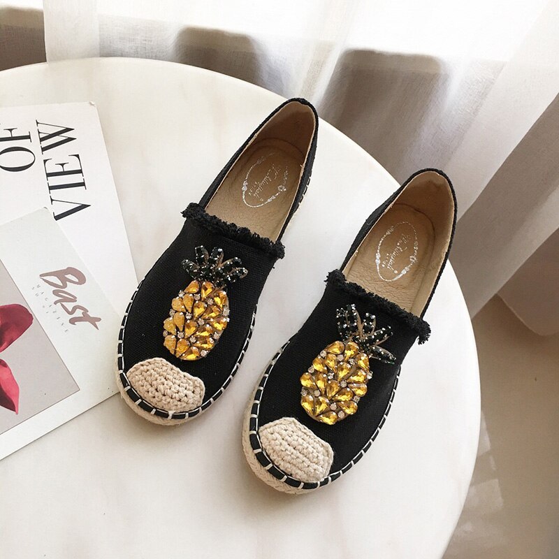 Nouvelles femmes Espadrilles chaussures plates cristal ananas chanvre pêcheur chaussures dames strass mocassins sans lacet chaussures simples S