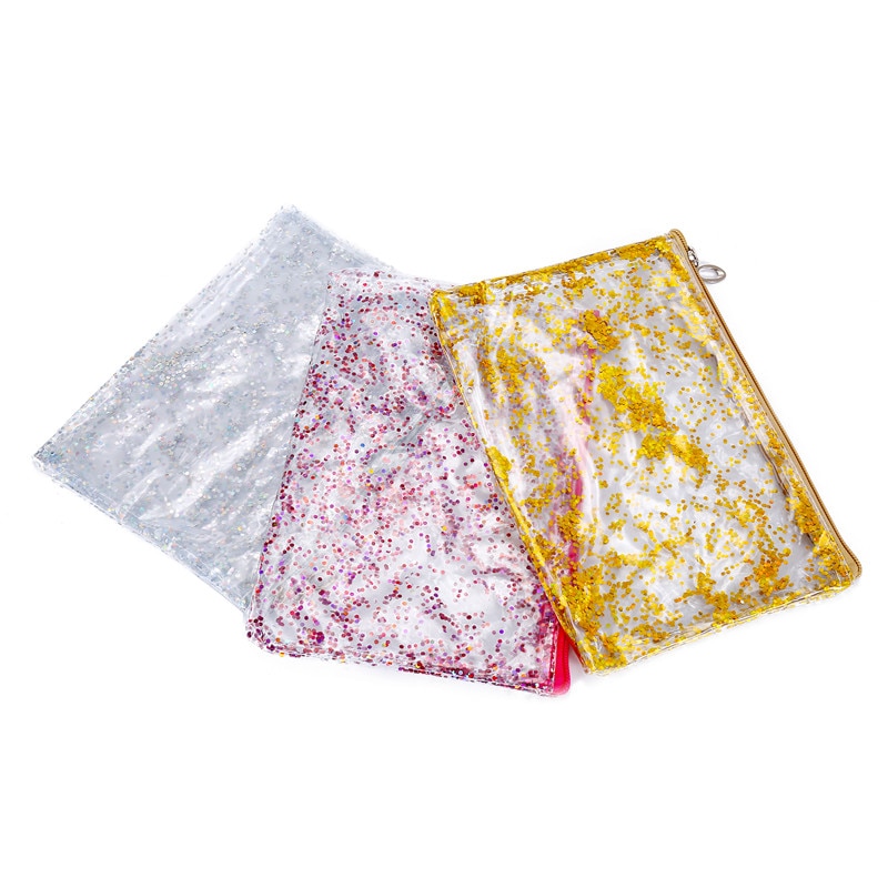 Transparent pvc-påse smink för kvinnor flyttade paljetter clutch handväska resor necessärer stor organisatör kosmetisk väska pennfodral