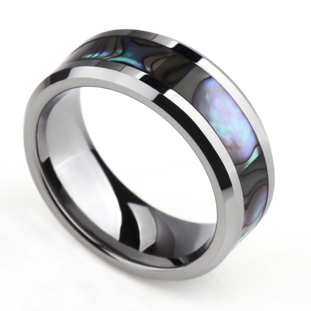 Somen Ring Men 8mm Tungsten Ring Green Abalone Shell Inlay Finish Beveled Wedding Band Engagement Rings Women Jewelry