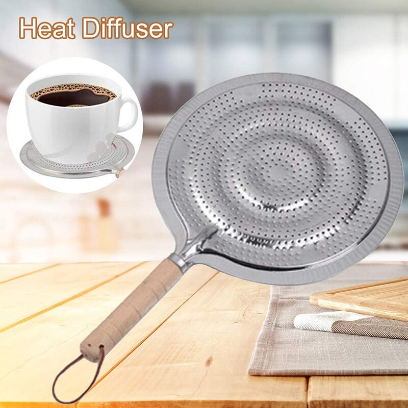 21CM Stainless Steel Gas Hob Heat Diffuser Insulation Pads For Coffee Cooking Wooden Handle Heat Diffuser