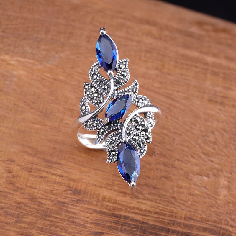 Vintage Blue Rhinestone Branch Rings Women Antique Silver Color Hollow Crystal Big Ring Wedding Party Jewelry