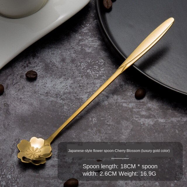 Flowers Gold Spoon Long Handle Dessert Tea Coffee Mixing Spoon Stainless Steel Vintage Teaspoons Drink Tableware 1PC: E