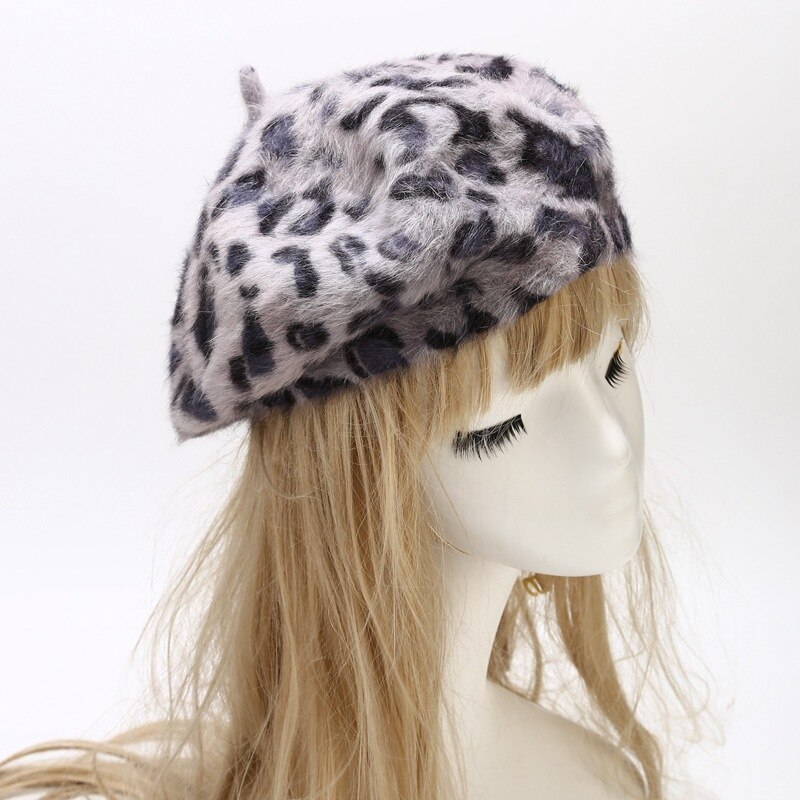 Boinas de leopardo con pelo de conejo peludo para mujer, sombreros de punto con estampado de animales, cálidos y acogedores, novedad, , invierno,