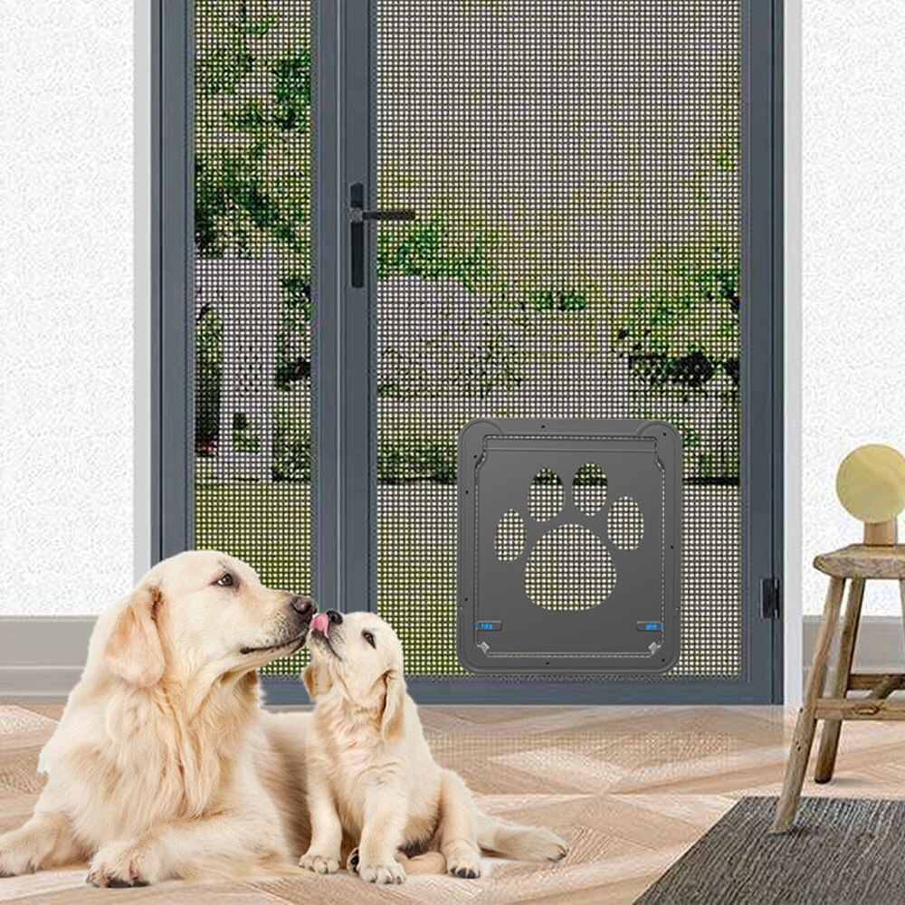 Pet Screen Door Automatic Locking Magnetic Exterior Sliding Door Footprint Pattern Puppy Cat Door Flap Safe Pet Supplies