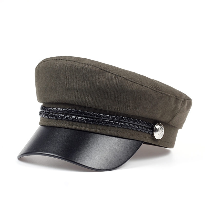 2019 chapeaux pour femmes, printemps, 100%  chapeaux en coton bleu marine, cuir noir, couronne fixe, boucle argentée, chapeau chaud d'hiver, bérets, casquette: Vert armée