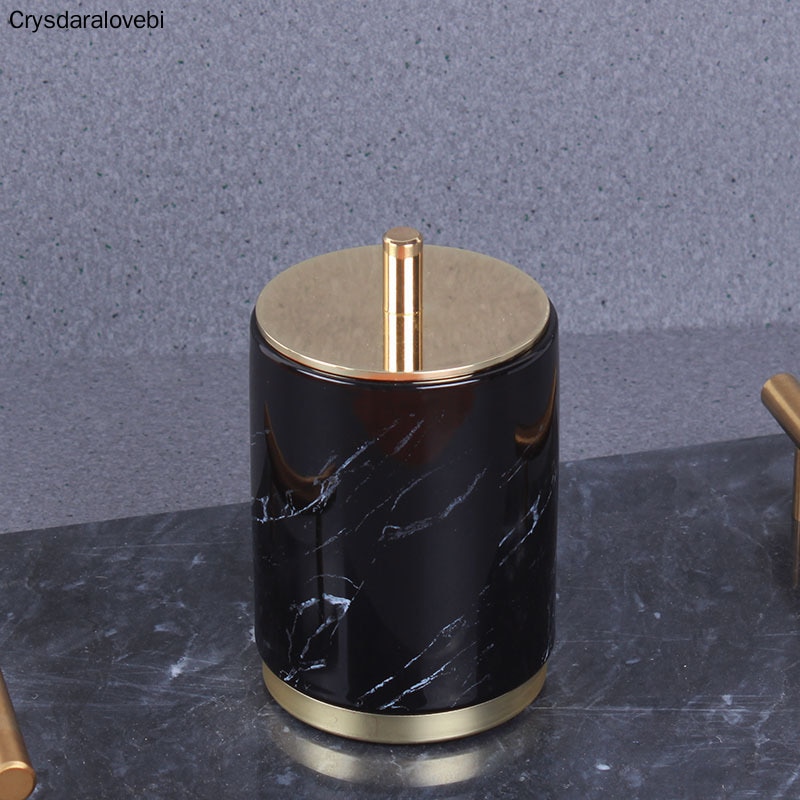 Mármol de cerámica caja de almacenamiento de algodón organizador de hisopo casa palillo titular de oro de lujo de baño recipiente para algodones con tapa