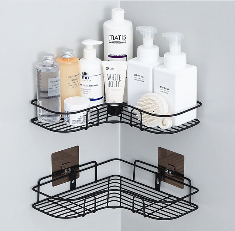 Badeværelseshylde organisation hjørnehylde badeværelsesvægholder shampoo holder sugekop svampe opbevaringskurv