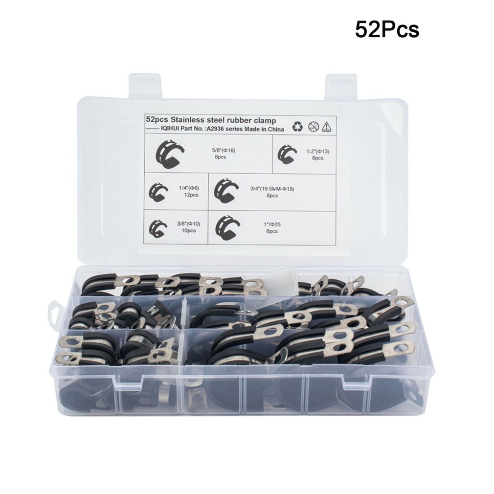 55 stuks 5 maten rubberen, roestvrijstalen slangklem, kabelklem, metalen klem, buishouder voor buissnoerinstallatie: 52 stuks 18 roosters