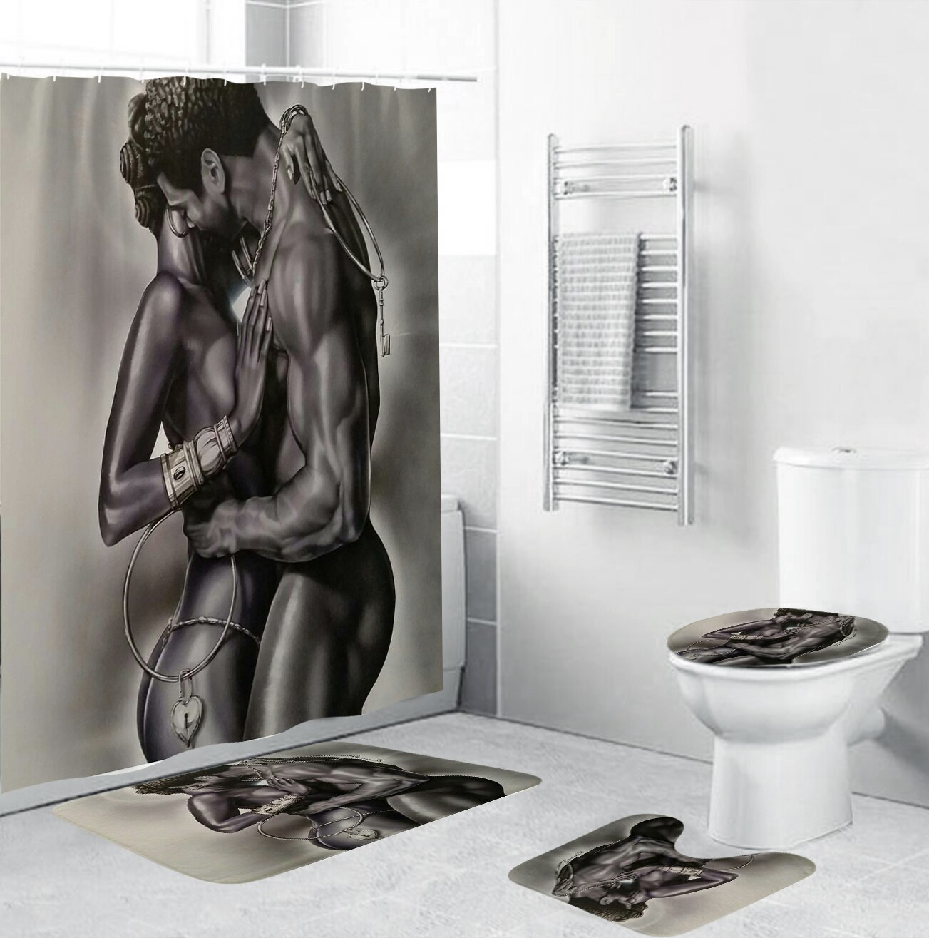 Afrikansk badeforhæng afro par krammer elsker badeværelsesgardiner sæt toiletbetræk måtte skridsikkert badetæppe tæppesæt: 4 stk