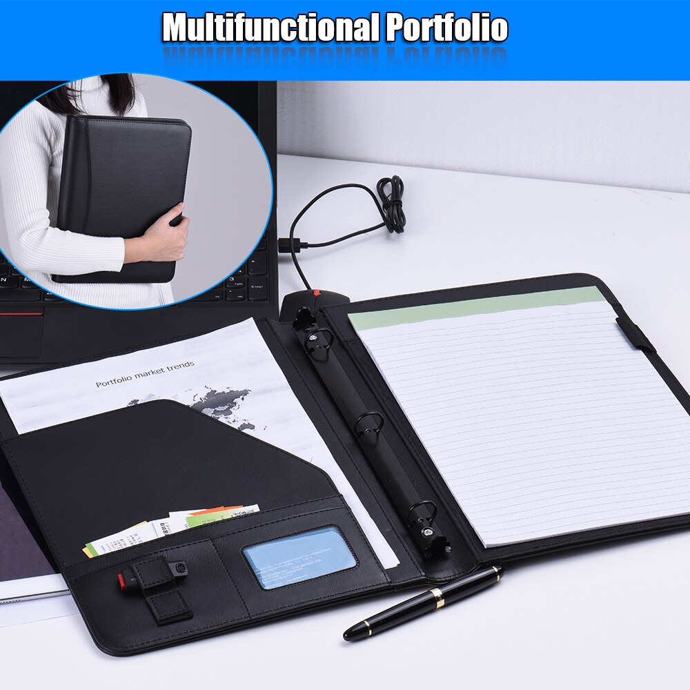 A4 PU Folder Document Case Organizer Leather Padfolio Business with Business Card Memo Note Pad Loose-leaf Loop