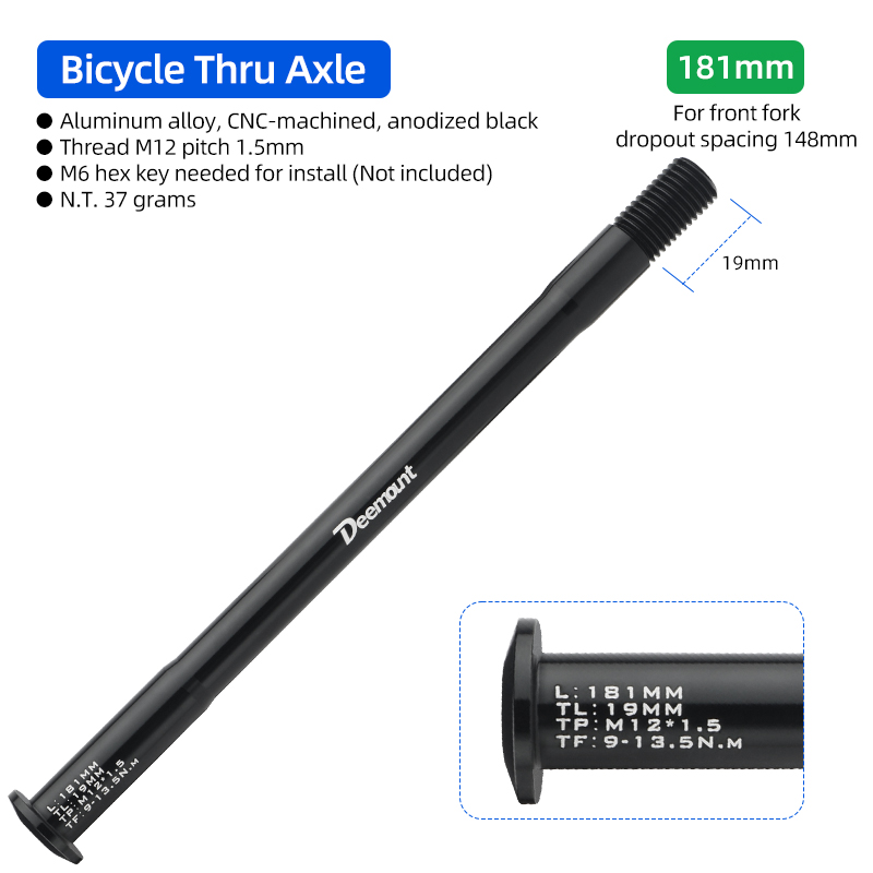 Lightweight Thru Axles M12*P1.5 L120-181mm for Bike Front Rear Fork Dropout Spacing 100/142/148mm CNC-machined Hub Through Shaft: light green