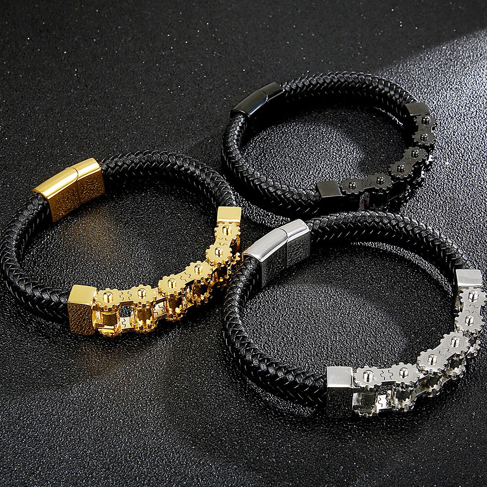 Cool Bike Chain Motorcycle Link Biker Armband Rvs & Lederen Drie Tone Manchet Bangle Armband Mannen