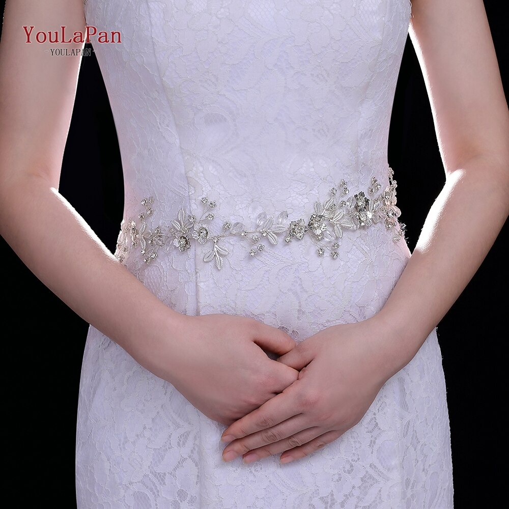 YouLaPan SH350 Wedding Dress Belt Bridal Rhinestone Sash with White Ribbon for Bridesmaid Crystal Party Gown Dress Belts