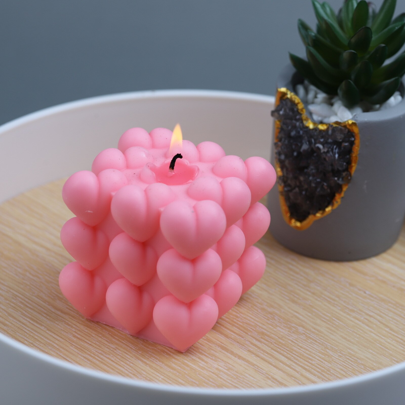 Moule en Silicone pour bougie en forme de cœur, Cube d'amour, pour décoration de bureau faite à la main, en résine époxy de gypse, aromathérapie