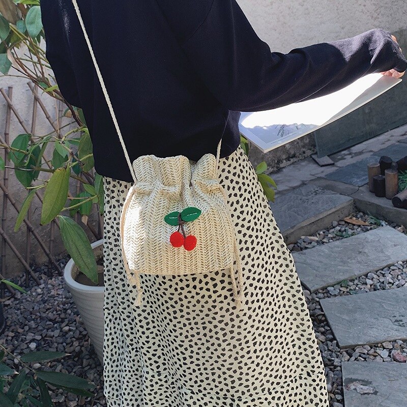 Strozak dames strandtas persoonlijkheid messenger bag trekkoord kersen dame retro handgeweven schoudertas koffie