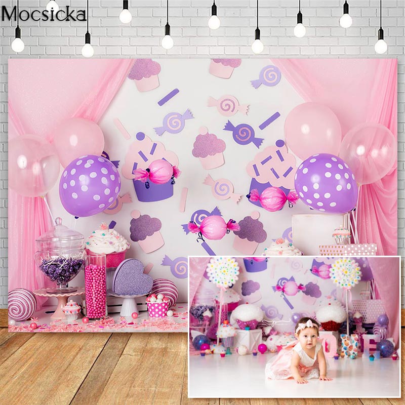 Mocsicka Zoete Snoep Taart Smash Fotografie Achtergronden Gordijn Ballon Decor Meisje 1st Verjaardag Photocall Achtergrond Foto Studio