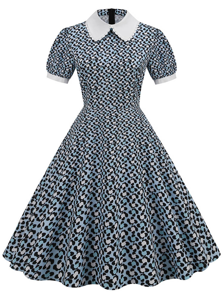 Floral Printed Summer Dress for Women Peter Pan Collar Vintage Midi Sundress Casual Party Dress with Puff Short Sleeves: XL / Red
