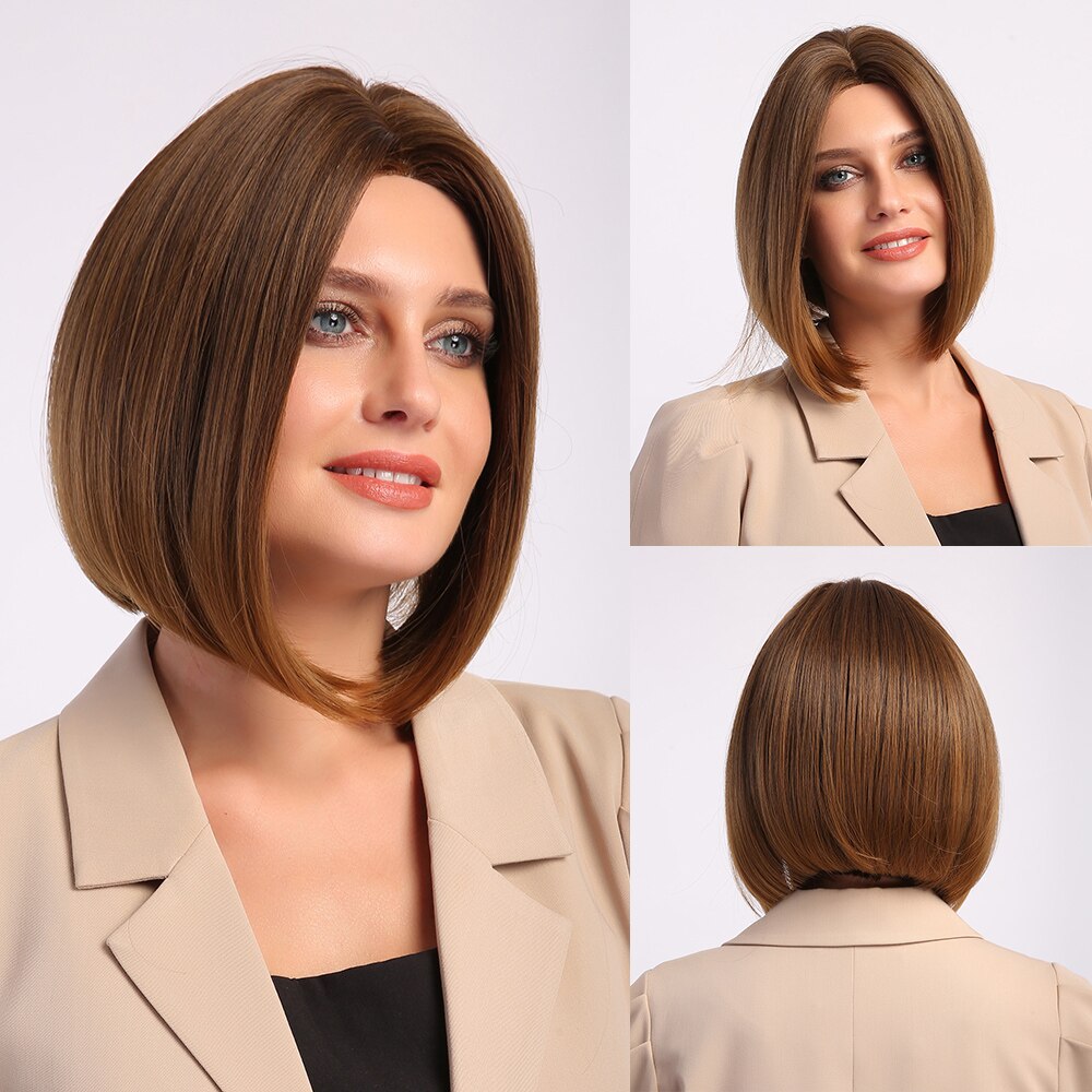 Alan eaton bob synthetische pruik met middenscheiding, kort steil haar, natuurlijke ombre, bruin, asgoud, hoge temperatuur pruiken voor vrouwen.: Ftl 011