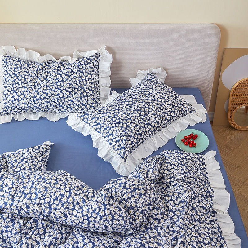 Housse de couette 100% coton à volants, Style japonais rétro, fleur de marguerite, 200x230cm (sans taies d&#39;oreiller)