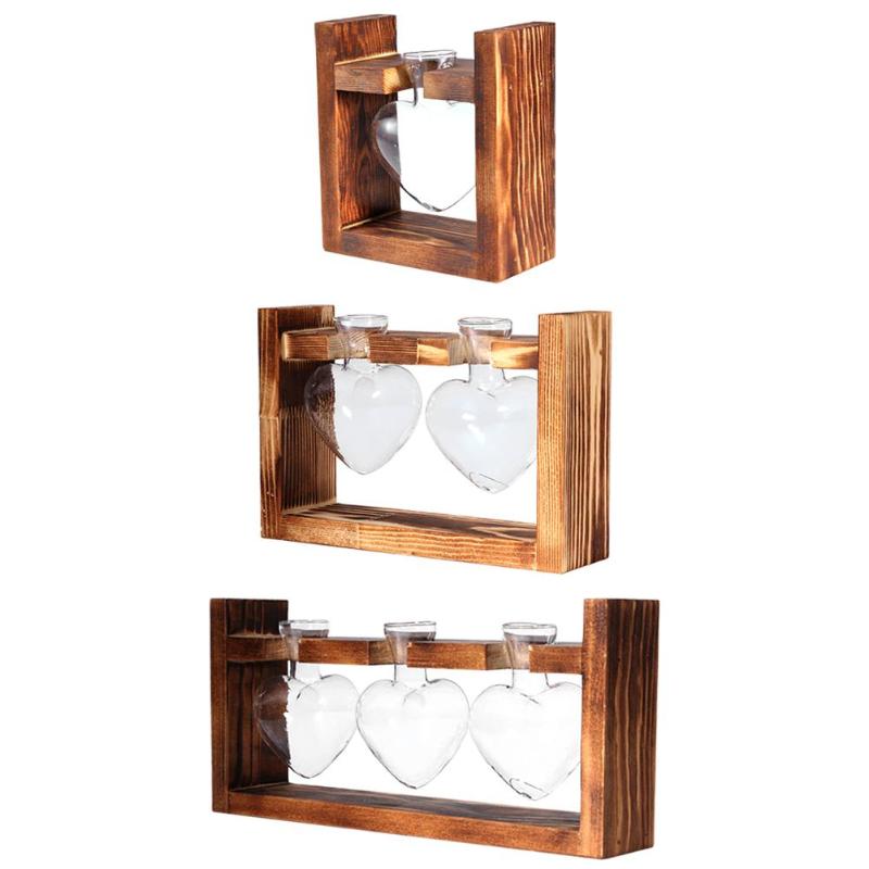 Houten frame glazen vaas hartvorm hydrocultuur plant vaas vintage bloempot tafel bureaublad bonsai bloemenvaas huisdecoratie
