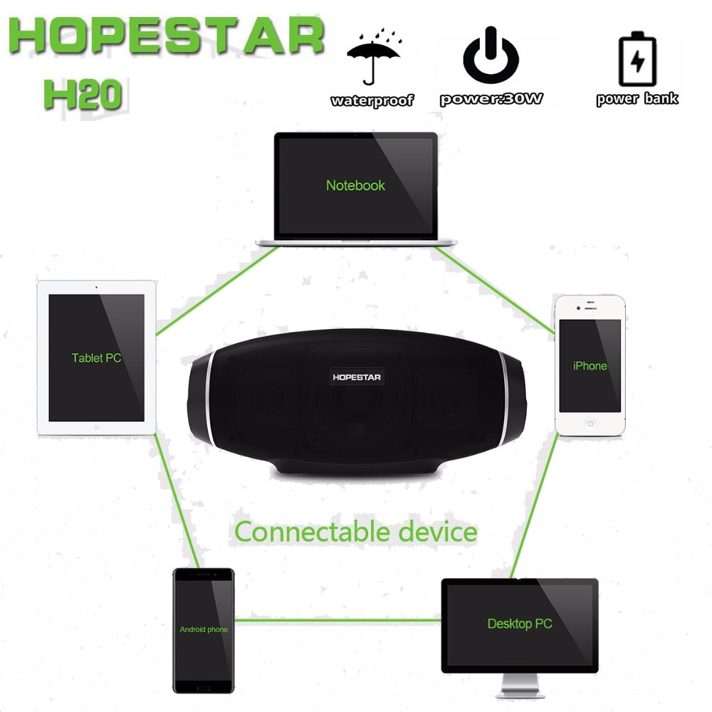 HOPESTAR H20 haut-parleur portable sans fil 30W IPX5 étanche extérieure Super basse avec batterie 6000mAh batterie externe USB TF AUX Mobile