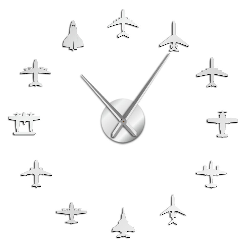 Pilot Airplane Contemporary Wall Clock Silent Quartz 3D Mirror Effect DIY Wall Art Modern Fly Plane Fighter Jet Klok: Silver / 47 Inch