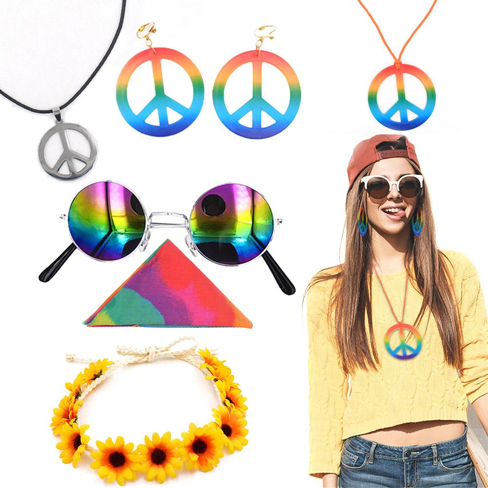 Hippie Zonnebril Vrede Teken Hanger Oorbellen Rainbow Kap 60 Of 70&#39;s Hippie Jurk Up Accessoires Decoratieve Set