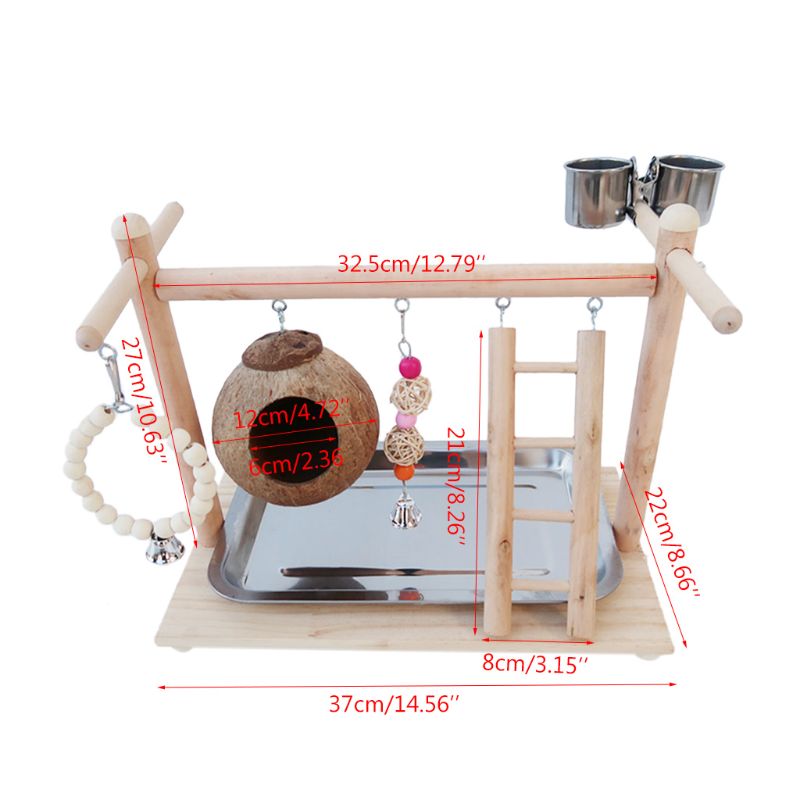 Aire de jeux pour perroquets et oiseaux, perchoir en bois, gymnastique, coquille de noix de coco, Cage à oiseaux, échelle, jouets d&#39;exercice avec coupelles d&#39;alimentation pour les tourtereaux conures