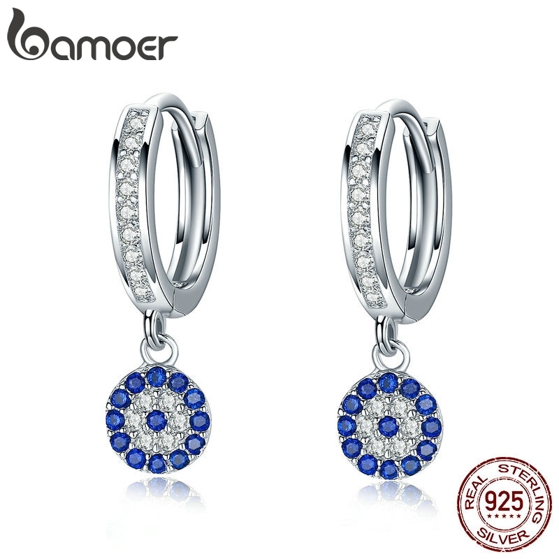 Bamoer ægte 925 sterling sølv runde blå klare cubic zircon crystal drop øreringe til kvinder autentiske sølv smykker sce 058