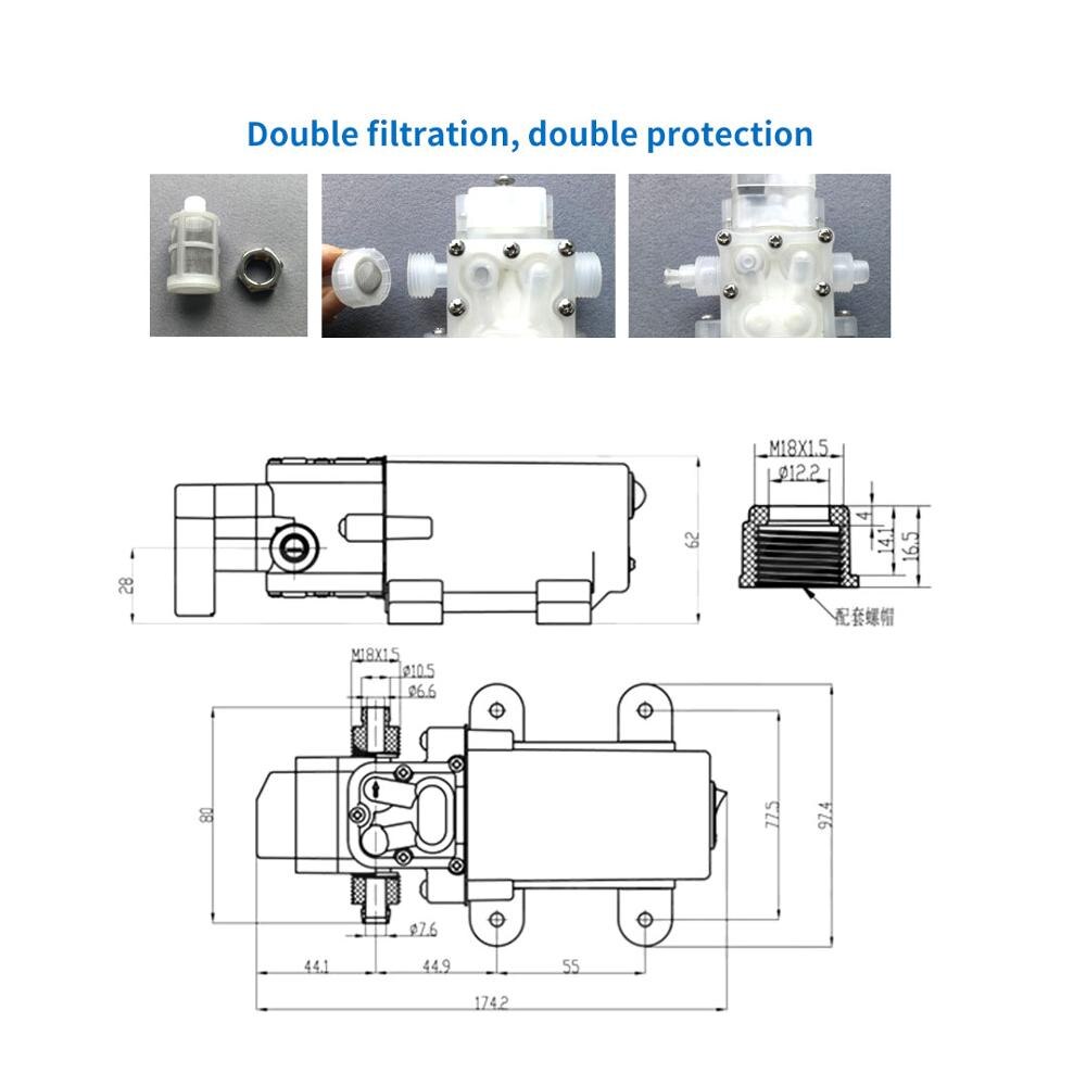 12V 70W 6L/m Food Grade Diaphragm Pump Liquid Canning Machine High Pressure Pump Self-Priming Manual Switch Button