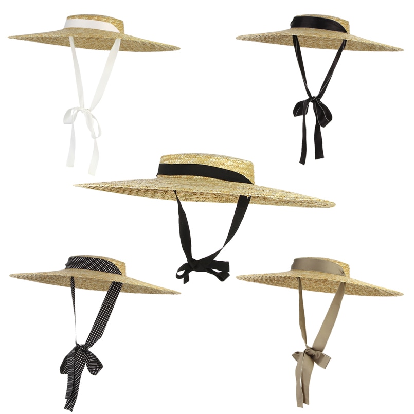 Gemvie stråhat med stor skygge sommerhatte til kvinder bånd strandkasket boater flad top solhat