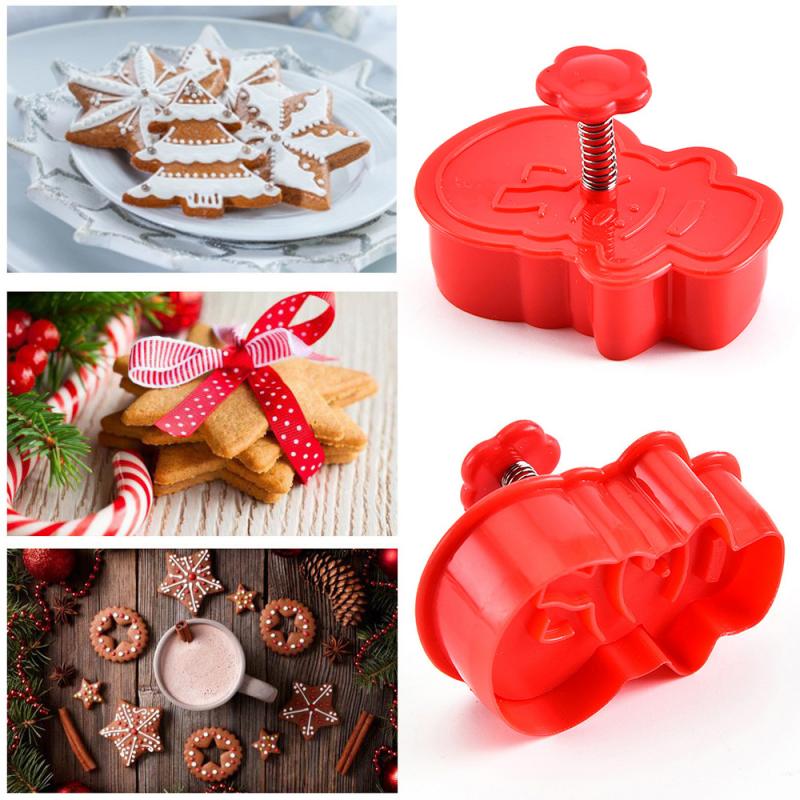 Kerstboom Sneeuwpop Plastic Bakvorm DIY 4pcs Keuken Biscuit Cookie Cutter Pastry Plunger Fondant Cake Decorating Gereedschap