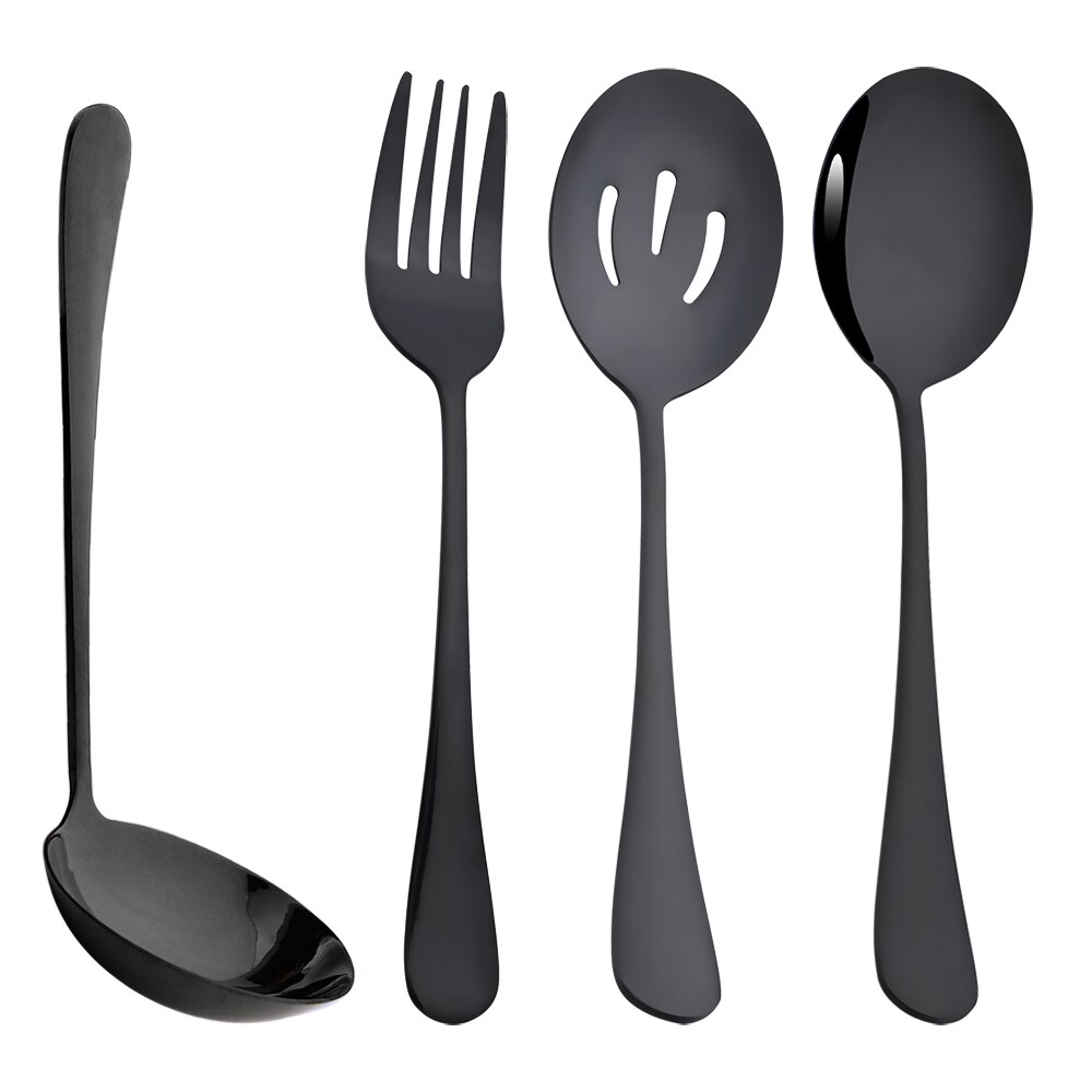 4Pcs Silver Dinnerware Set Stainless Steel Cutlery Serving Utensils Buffet Catering Flatware Serving Colander Spoon Flatware Set: Black