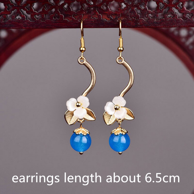 Yanting Cloisonne Butterfly Earrings For Women Natural Stone Earings Shell Flower Ethnic Earrings Hanging: 326 blue