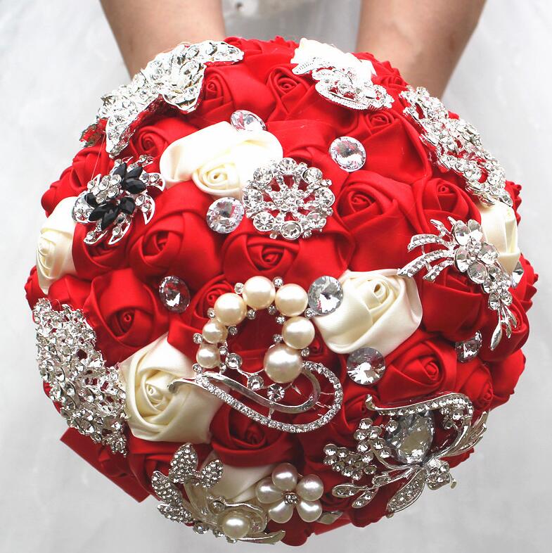 JaneVini Luxury Beaded Red Wedding Bouquets for Brides Satin Rose Mariage Crystal Brooches Rhinestones Pearls Bridal Bouquet: Diameter 21cm