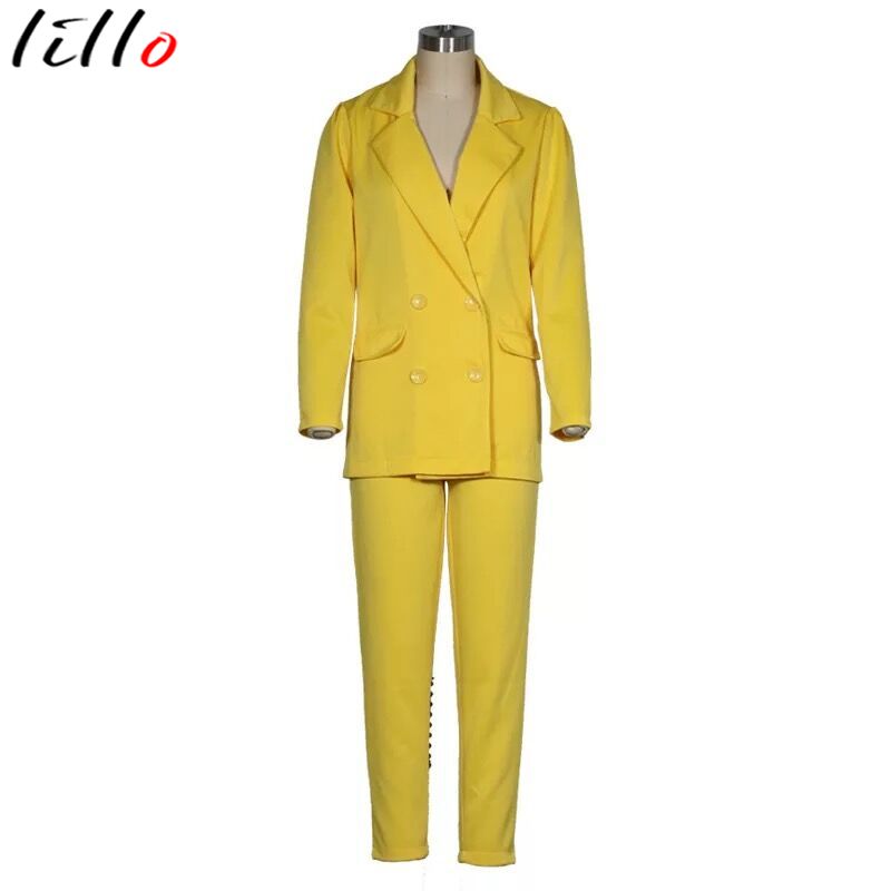 Pak Vrouwen Winter Casual Pak Dames Lange Mouw Effen Kleur Twee stuk Geel Rood Mode Temperament Double-Breasted