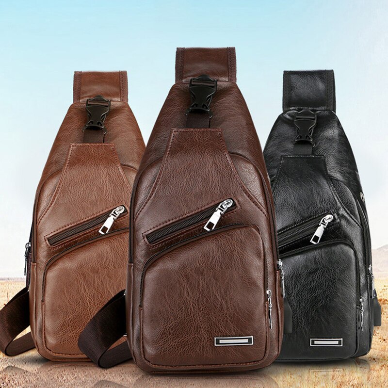 Men Shoulder Bags men's Solid Color Casual Shoulder Chest Bag USB Charging Carrying Case Bag