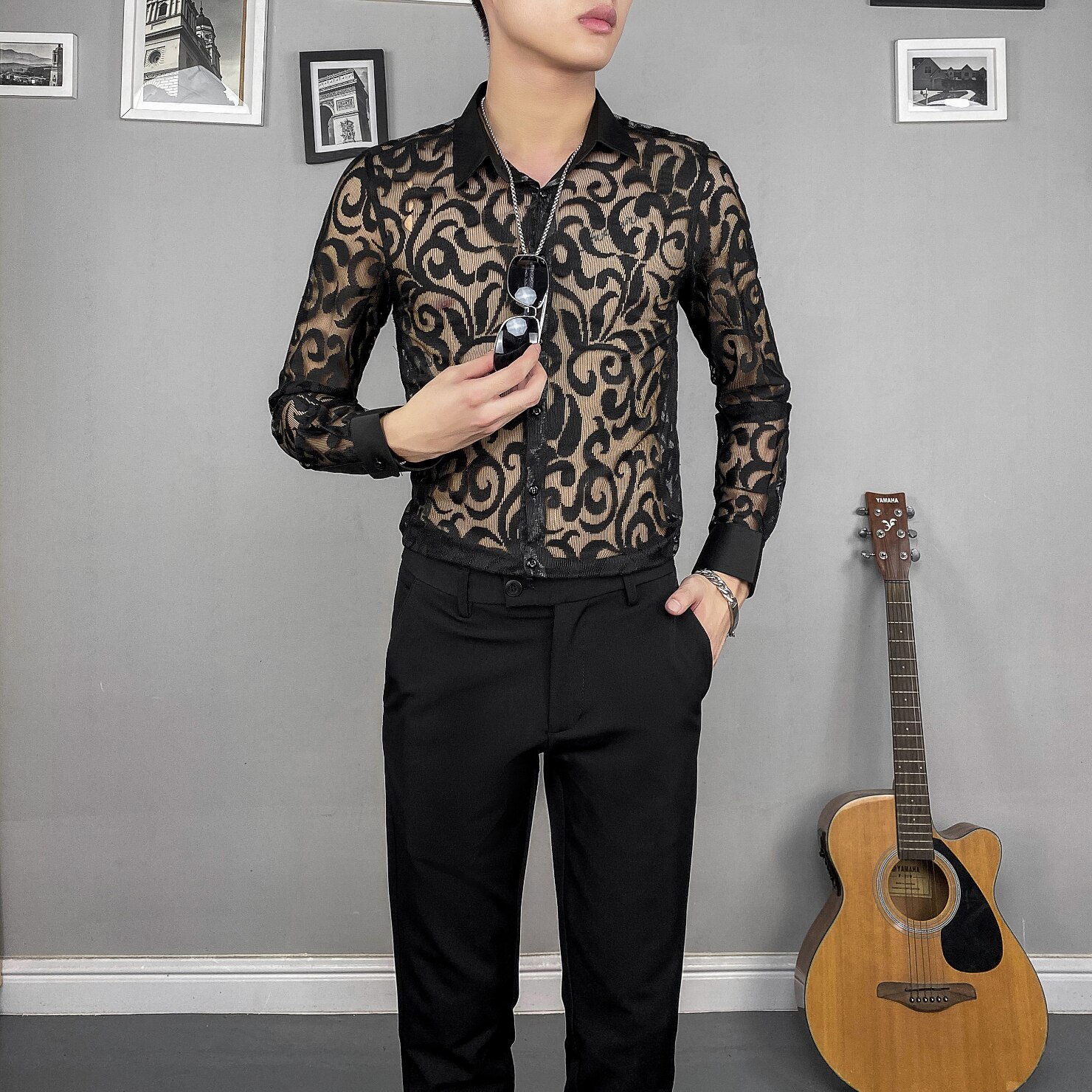 Autumn Sexy Transparent Lace Shirt Men Clothing 2022 Simple All Match Slim Fit Long Sleeve Club/Prom Tuxedo Chemise Homme: black / Asian XL 60-65KG