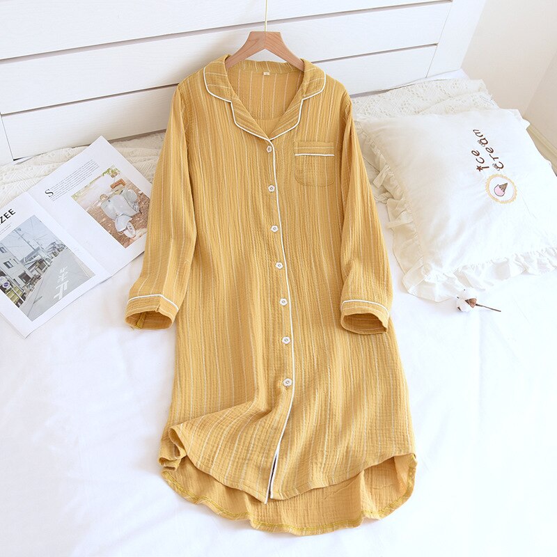 Summer Ladies Cotton Nightgowns Long-sleeved Simple Plus Size Sleepwear Double-layered Gauze Sleeping Dress Striped Sleep Tops: Yellow / M