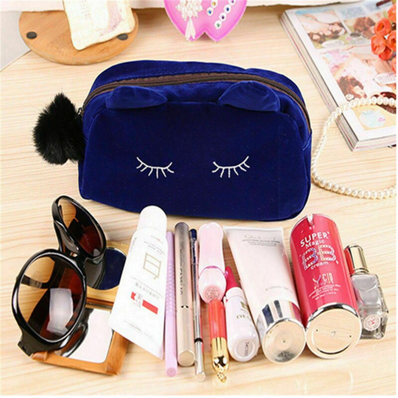 Cute Flannel Small Cosmetic Bags Women Makeup Cartoon Cat Storage Bags Travel Organizer Pen Pencil Pouch Bags