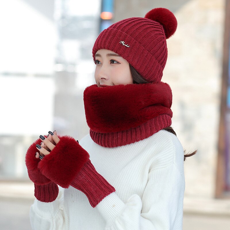 Conjunto de guantes de punto de algodón para mujer, conjunto de 3 piezas con bufanda y gorro de invierno, guantes de cuello y babero: wine
