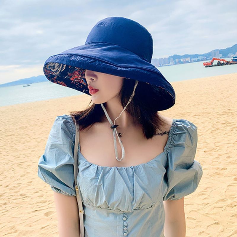 Women Boho Ethnic Floral Reversible Sun Hat Large Wide Brim UV Protection Foldable Floppy Beach Cap with Chin Strap