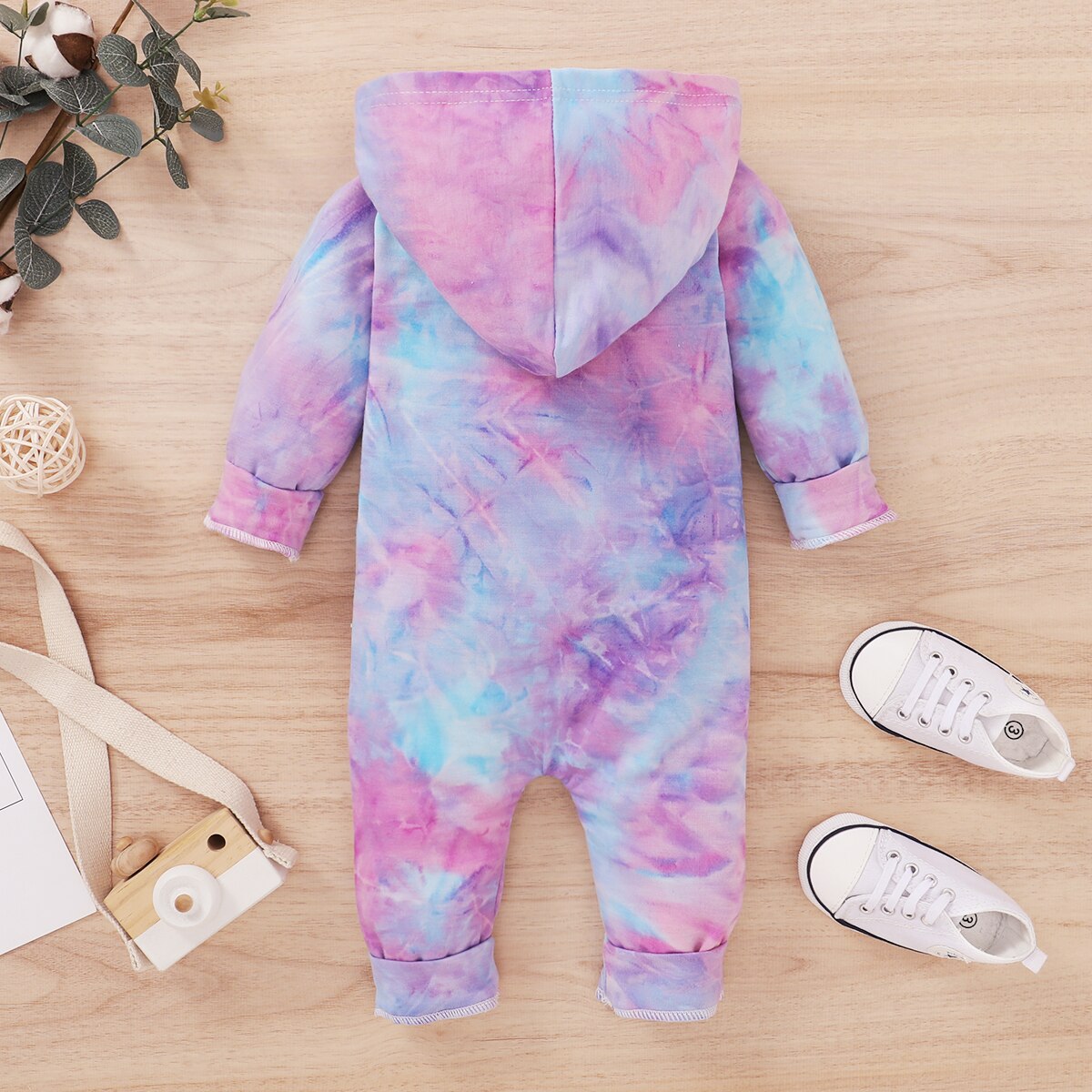 Mise au point 0-18M cravate-teinture imprimé bébé filles garçons barboteuses fermeture éclair manches longues à capuche automne combinaisons 3 couleurs