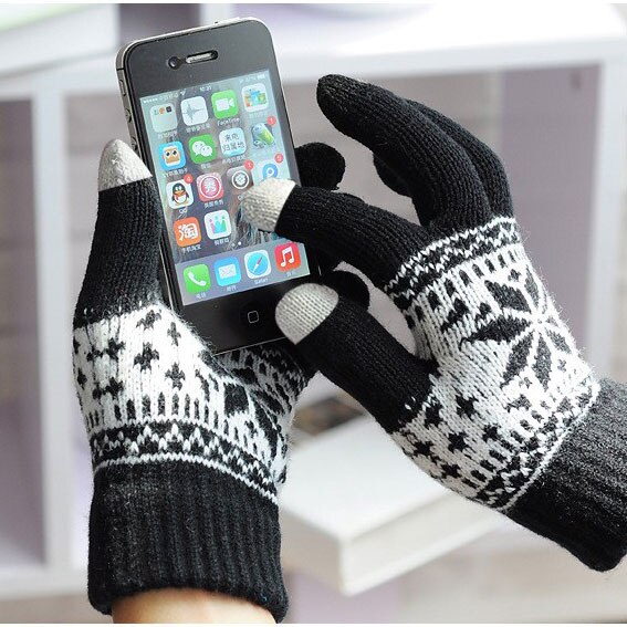 Vinter varm berøringsskærm handsker mænd kvinder uld strikkede handsker slik farve snefnug vanter til mobiltelefon tablet pad: Sort