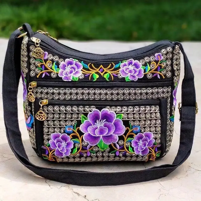 Sac de Style ethnique du Yunnan, sac à bandoulière brodé pour femmes, sacs à bandoulière entièrement brodés pour dames: Clair