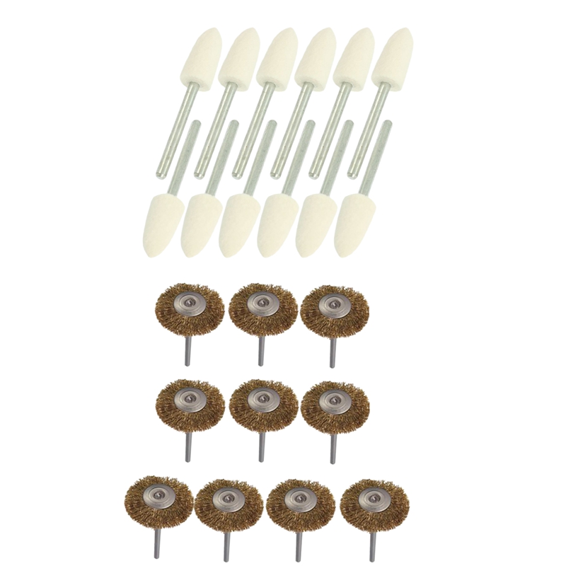 GTBL 12 Pcs Polishing Buffing Tool 8.5Mm Conical Mounted Felt Bobs 3Mm Shank &amp; 10 Pcs Brass Wire Brush Round Brush Disk Brush Cu